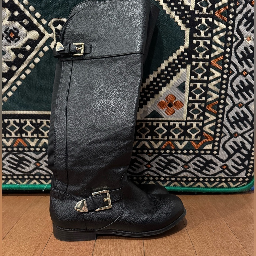 Michael Kors Emma Lana Riding knee high vegan Boots black buckle office party 5